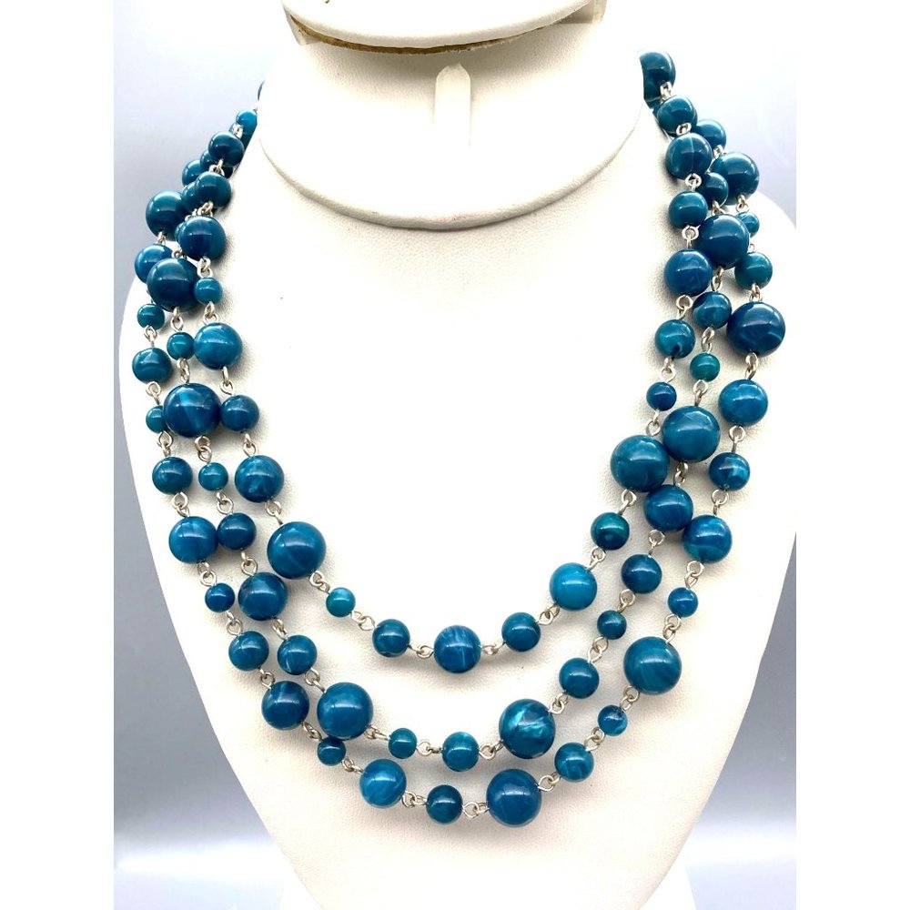 Vintage Dana Buchman Triple Strand Beaded Necklace, Silver Tone and Marbled Blue